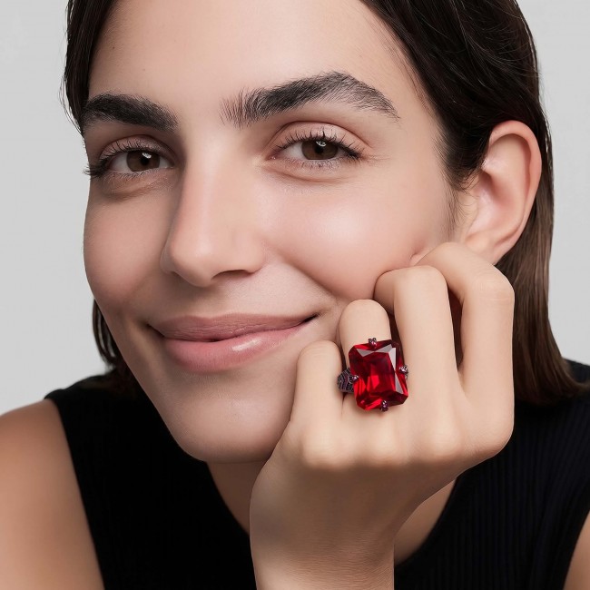 Carmen Authentic 22.4 carat Garnet .925 Sterling Silver dipped in black rhodium brilliantly handcrafted large Statement Ring size 7 adjustable - photo 1