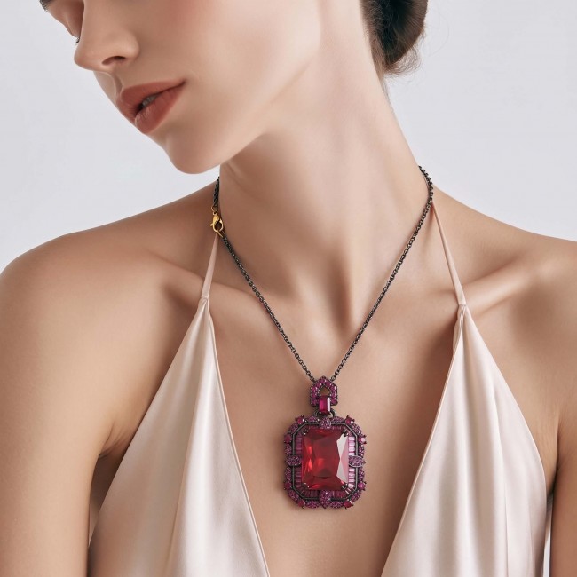 Carmen Authentic 28.4 carat Garnet .925 Sterling Silver dipped in black rhodium brilliantly handcrafted large Statement necklace