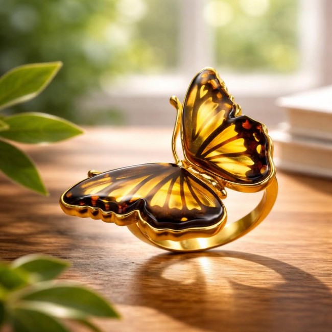 Butterfly Authentic Baltic Amber .925 Sterling Silver dipped in 18K Gold handcrafted ring; s. 6 adjustable - photo 5