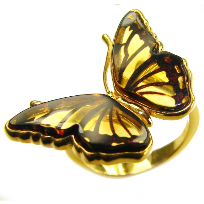 Butterfly Authentic Baltic Amber .925 Sterling Silver dipped in 18K Gold handcrafted ring; s. 6 adjustable - photo 2
