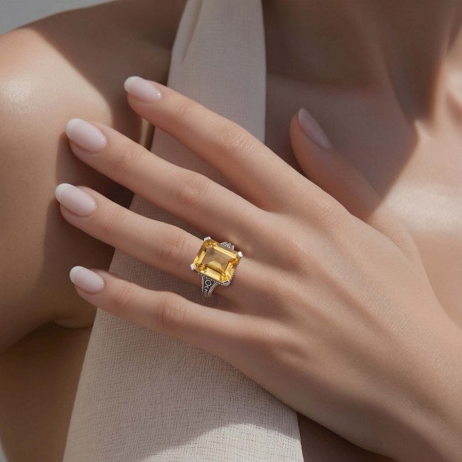 Serenity Natural 15.4 carat GOLDEN Topaz Marcasite .925 Sterling Silver handmade Statement Ring size 9 - photo 1