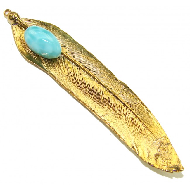 Natural Leaf Larimar 14K Gold over .925 Sterling Silver handmade - Gold feather pendant with turquoise stone, top view.