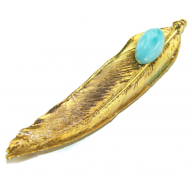 Natural Leaf Larimar 14K Gold over .925 Sterling Silver handmade - Gold leaf design with blue larimar stone, angled side view.