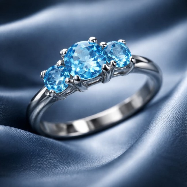 Pacifica 6.5 carat authentic Swiss Blue Topaz .925 Sterling Silver handmade Statement Ring size 6 3/4 - Side view of Pacifica ring with Swiss Blue Topaz stones.