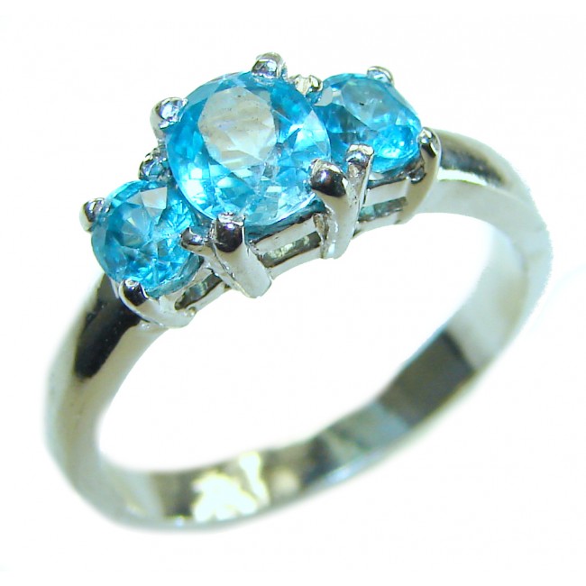 Pacifica 6.5 carat authentic Swiss Blue Topaz .925 Sterling Silver handmade Statement Ring size 6 3/4 - Side view of Swiss Blue Topaz ring in sterling silver.