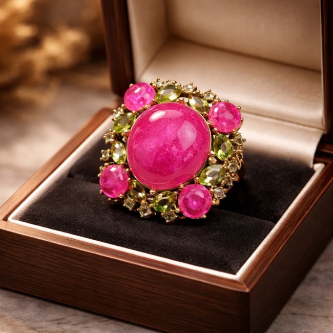 Carmen Natural 29.4 carat Ruby .925 Sterling Silver dipped in black rhodium handmade Large Statement Ring size 8 - Stone close-up of Carmen 29.4 carat Ruby ring in luxury box.