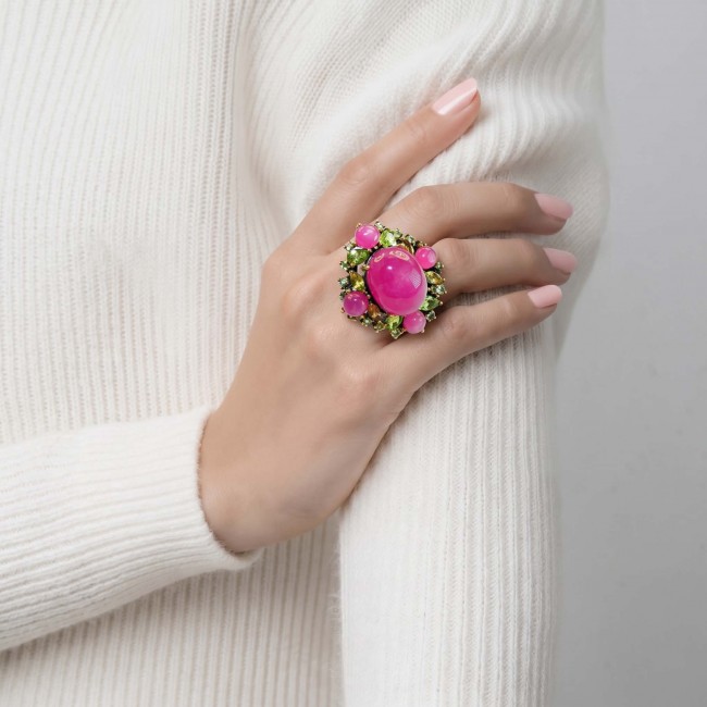 Carmen Natural 29.4 carat Ruby .925 Sterling Silver dipped in black rhodium handmade Large Statement Ring size 8 - Ruby ring worn on hand against a white sweater background.