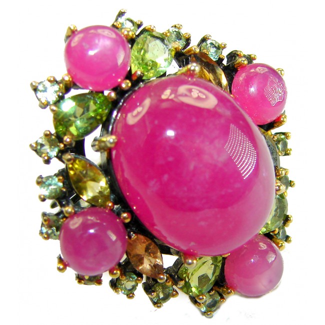 Carmen Natural 29.4 carat Ruby .925 Sterling Silver dipped in black rhodium handmade Large Statement Ring size 8 - Close-up of Carmen Natural 29.4 carat Ruby ring with gemstone accents.