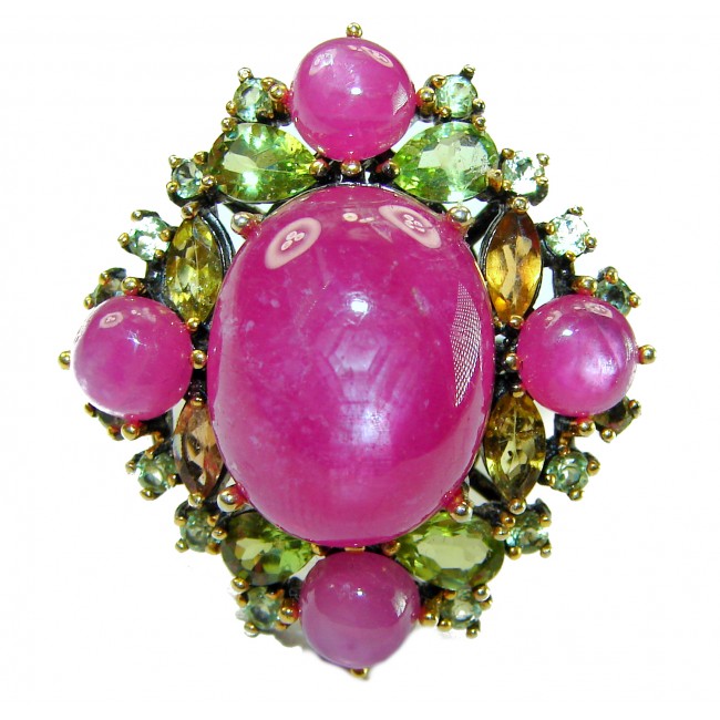 Carmen Natural 29.4 carat Ruby .925 Sterling Silver dipped in black rhodium handmade Large Statement Ring size 8 - Close-up of Carmen natural ruby ring with silver dipped setting
