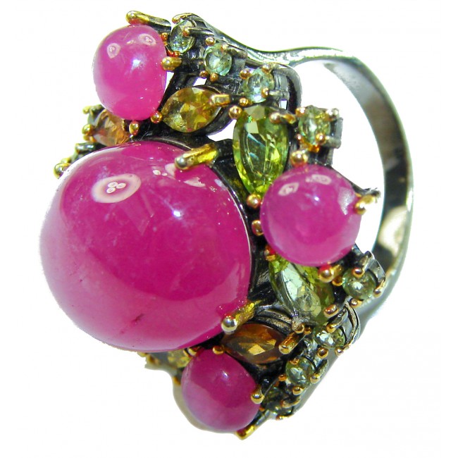 Carmen Natural 29.4 carat Ruby .925 Sterling Silver dipped in black rhodium handmade Large Statement Ring size 8 - Close-up of Carmen 29.4 ct Ruby ring in sterling silver setting.