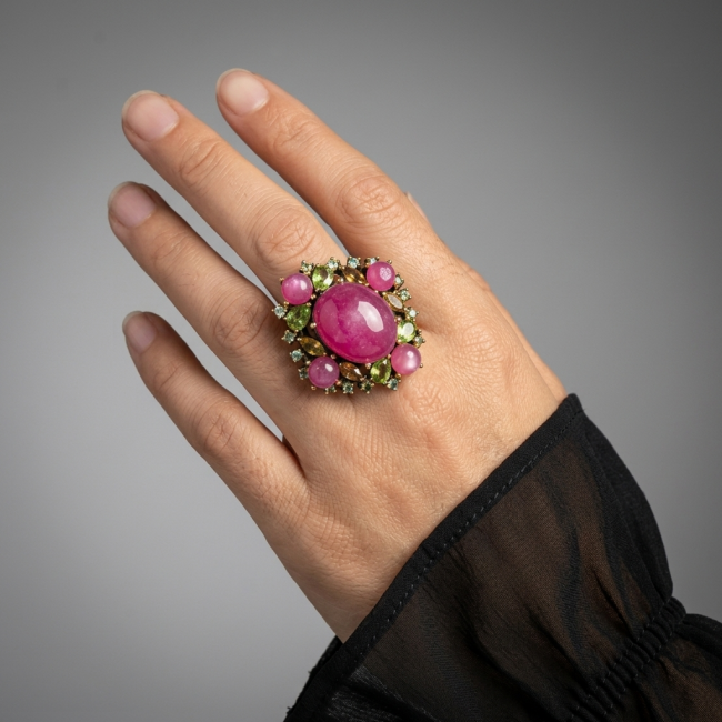 Carmen Natural 29.4 carat Ruby .925 Sterling Silver dipped in black rhodium handmade Large Statement Ring size 8 - Carmen Ruby Ring, 29.4 carat, worn on hand, .925 Sterling Silver.