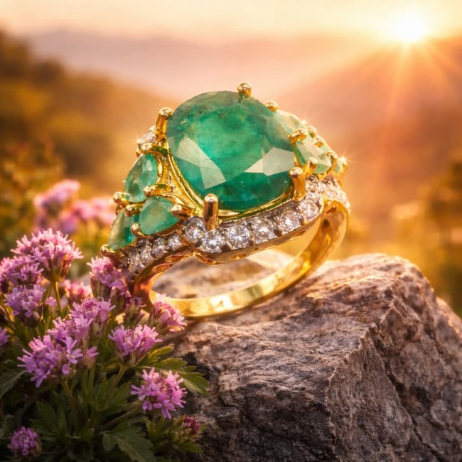 Emily 10.5 ctw Emerald 22K Gold over .925 Sterling Silver handcrafted Statement Ring size 7 - Emerald ring close-up on rock with sunset background.