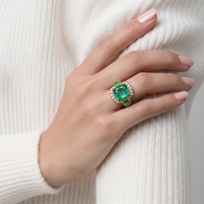 Emily 10.5 ctw Emerald 22K Gold over .925 Sterling Silver handcrafted Statement Ring size 7 - Close-up of Emerald ring worn on hand, 22K gold over sterling silver
