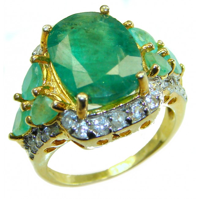 Emily 10.5 ctw Emerald 22K Gold over .925 Sterling Silver handcrafted Statement Ring size 7 - Emerald ring close-up in 22K gold over sterling silver setting