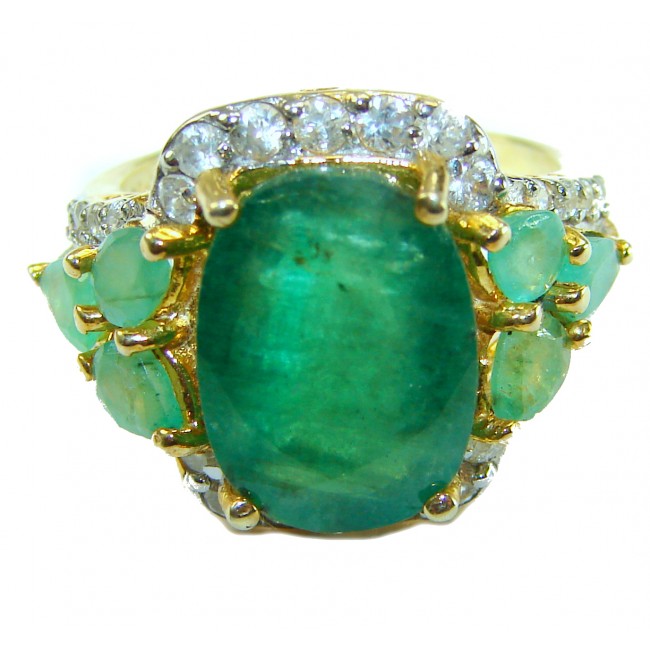 Emily 10.5 ctw Emerald 22K Gold over .925 Sterling Silver handcrafted Statement Ring size 7 - Emerald ring close-up, 22K gold, sterling silver, with diamond accents.