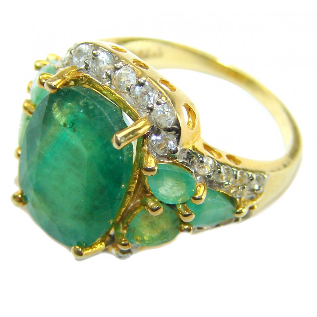 Emily 10.5 ctw Emerald 22K Gold over .925 Sterling Silver handcrafted Statement Ring size 7 - Emerald and diamond ring, side view, 22K gold over sterling silver.