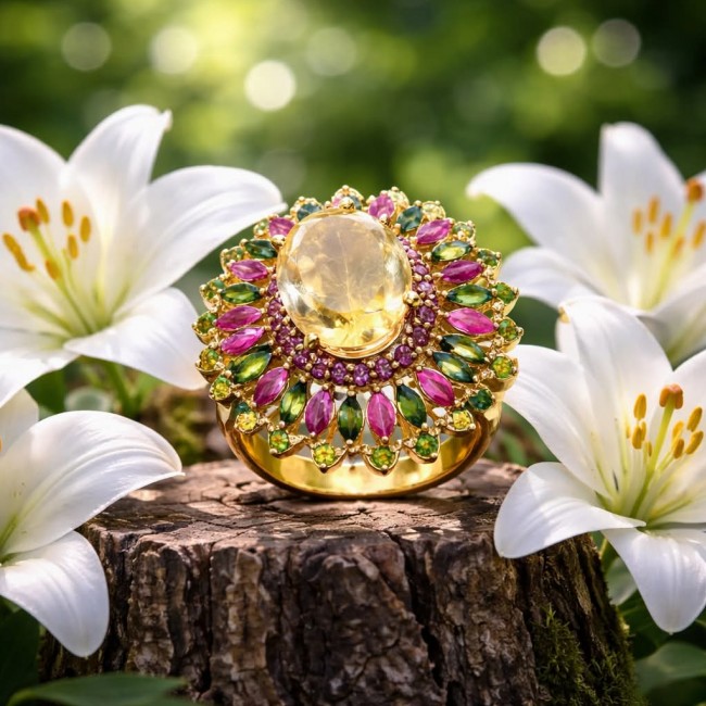 Tiffany - Natural 9.8 carat Brazilian Citrine .925 Sterling Silver dipped in 18K Gold handmade Statement Ring size 8 1/2 - Close-up of colorful gemstone ring with floral design on tree stump.