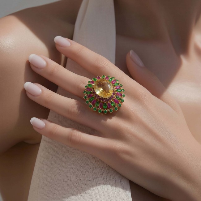 Tiffany - Natural 9.8 carat Brazilian Citrine .925 Sterling Silver dipped in 18K Gold handmade Statement Ring size 8 1/2 - Close-up of ornate citrine and gemstone ring worn on hand.