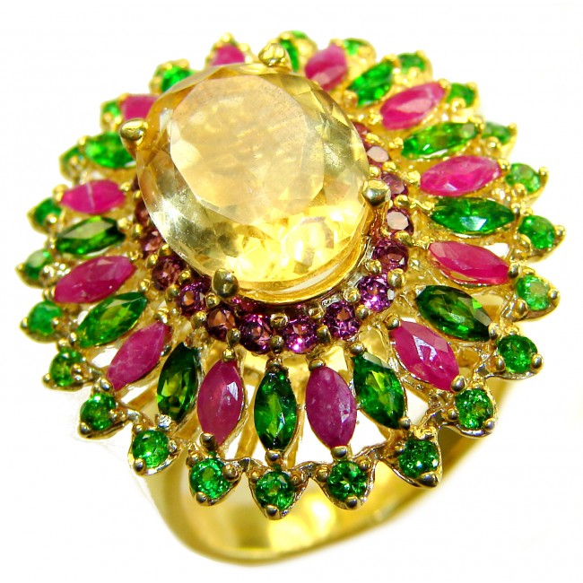 Tiffany - Natural 9.8 carat Brazilian Citrine .925 Sterling Silver dipped in 18K Gold handmade Statement Ring size 8 1/2 - Close-up of multicolored gemstone ring with Brazilian Citrine center