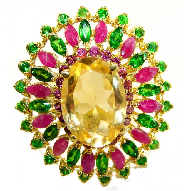 Tiffany - Natural 9.8 carat Brazilian Citrine .925 Sterling Silver dipped in 18K Gold handmade Statement Ring size 8 1/2 - Close-up of Tiffany natural citrine ring with green and pink gemstones.