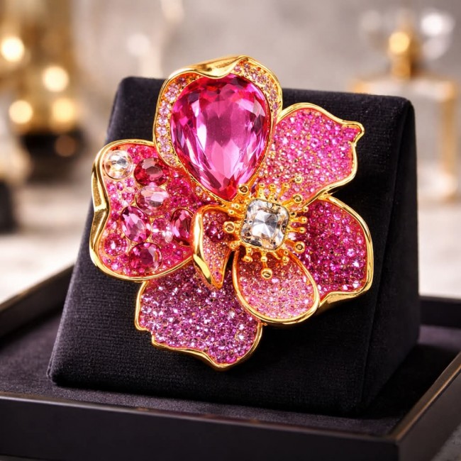 Hibiscus 27.5 carat Pink Amethyst 14K Gold over .925 Silver handcrafted Cocktail Ring s. 7 - Flower-shaped brooch with pink stones, front view on black display.