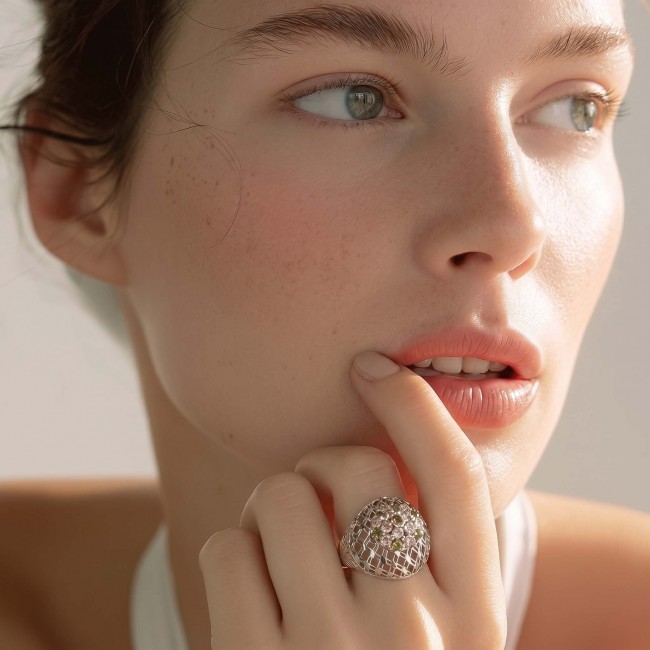Casablanca Italy made 1.8 carat Morganite Peridot .925 Sterling Silver brilliantly handcrafted ring s. 9 - Close-up of ring with morganite and peridot, worn on hand.