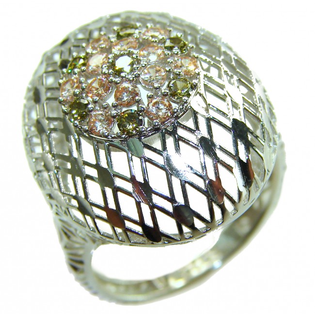 Casablanca Italy made 1.8 carat Morganite Peridot .925 Sterling Silver brilliantly handcrafted ring s. 9 - Ornate silver ring with morganite and peridot, top angle view.
