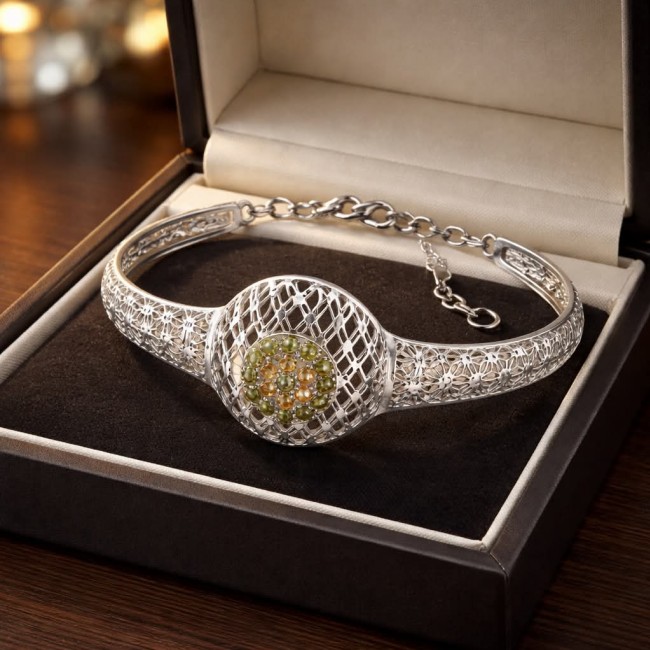 Casablanca - authentic 2.2 carat Morganite Peridot .925 Sterling Silver Bracelet - Side view of Casablanca bracelet with Morganite and Peridot in box.
