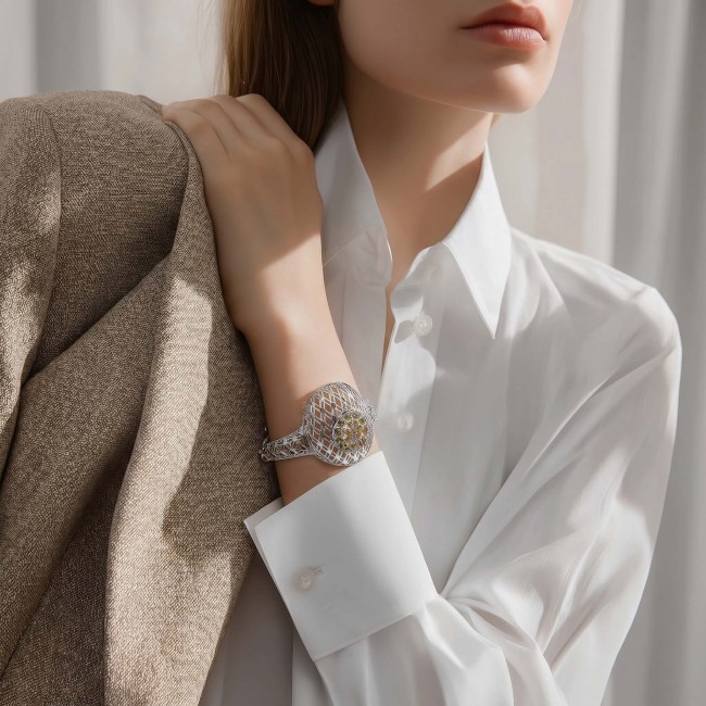Casablanca - authentic 2.2 carat Morganite Peridot .925 Sterling Silver Bracelet - Woman wearing Casablanca watch with Morganite Peridot, shoulder view