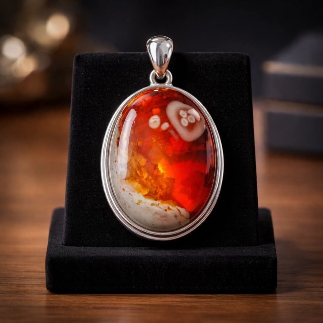Inner Fire Natural 20.2 carat Mexican Fire Opal .925 Sterling Silver dipped in rhodium handmade Pendant - Front view of Mexican Fire Opal pendant on display stand