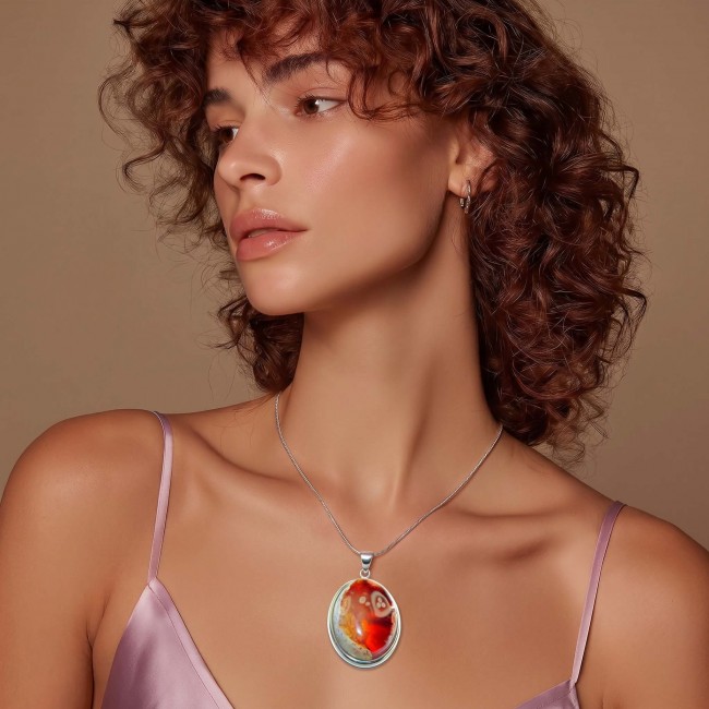 Inner Fire Natural 20.2 carat Mexican Fire Opal .925 Sterling Silver dipped in rhodium handmade Pendant - Woman wearing Inner Fire Mexican Fire Opal necklace, side view.