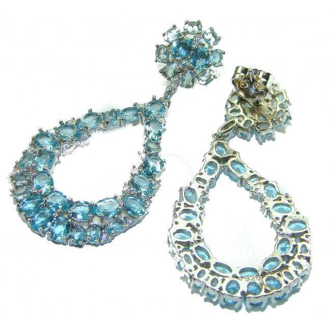 Serenity 18.5 carat genuine Swiss Blue Topaz .925 Sterling Silver handmade Large Statement earrings - Swiss Blue Topaz sterling silver earrings, front and back view.