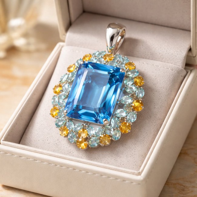 Majestic - Vintage style oval cut 46.8 carat Swiss Blue Topaz .925 Sterling Silver DIPPED IN RHODIUM handmade Pendant Brooch - Close-up of vintage style pendant with Swiss Blue Topaz in a box.