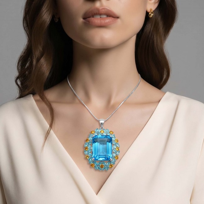 Majestic - Vintage style oval cut 46.8 carat Swiss Blue Topaz .925 Sterling Silver DIPPED IN RHODIUM handmade Pendant Brooch - Close-up of woman wearing Majestic oval cut 46.8 carat blue necklace