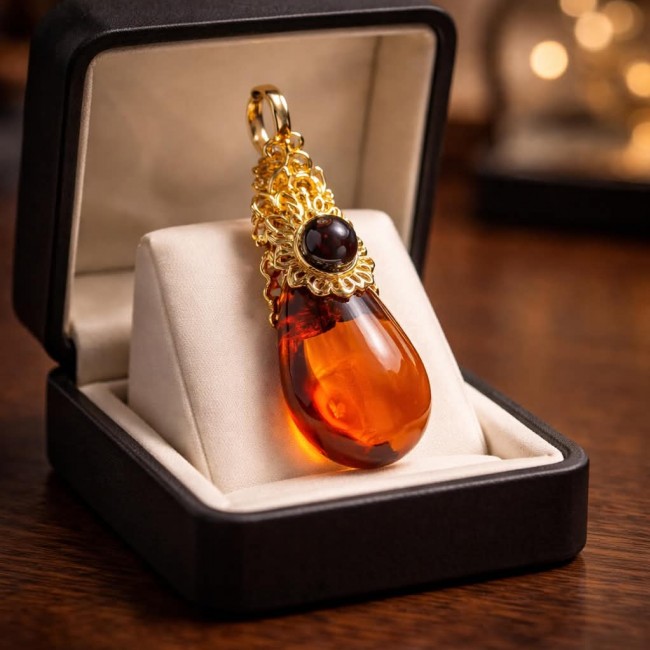 Prehistoric Authentic Baltic Amber 18K Gold over .925 Sterling Silver beautifully handcrafted Pendant - Amber pendant in open box, showcasing gold details and rich color.