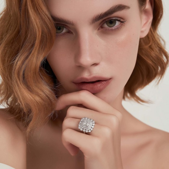 Art Deco 6.5 carat White Topaz .925 Sterling Silver ring size 7 - Woman wearing Art Deco white topaz sterling silver ring close-up.