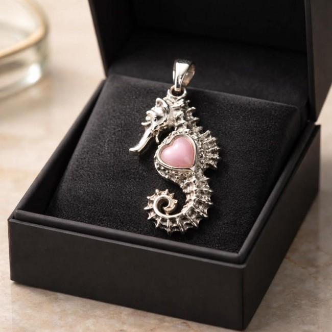 Seahorse Excellent quality 0.9 carat Pink Opal .925 Sterling Silver handcrafted Pendant - Seahorse pendant with pink opal in gift box, top view.