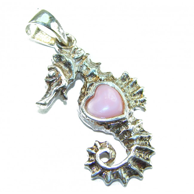 Seahorse Excellent quality 0.9 carat Pink Opal .925 Sterling Silver handcrafted Pendant - Seahorse pendant with pink opal, side view, silver detailing.