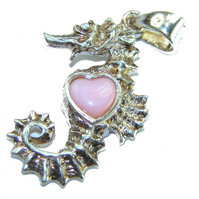Seahorse Excellent quality 0.9 carat Pink Opal .925 Sterling Silver handcrafted Pendant - Seahorse pendant with pink opal, detailed view, .925 sterling silver.