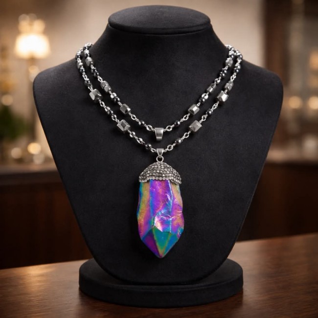 Bohemian Style Huge Genuine 34 inches Titanum Druzy .925 Sterling Silver handmade necklace - Front view of Bohemian style titanium druzy necklace on display bust