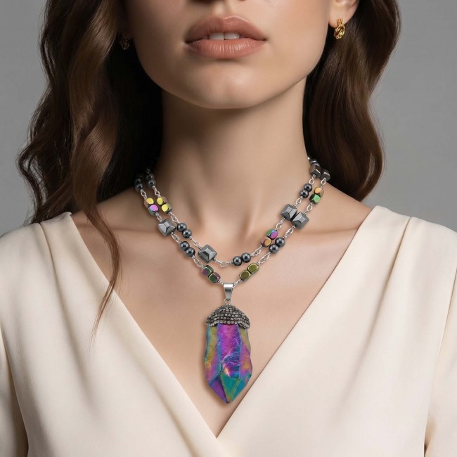 Bohemian Style Huge Genuine 34 inches Titanum Druzy .925 Sterling Silver handmade necklace - Model wearing Bohemian titanium druzy necklace, front view.