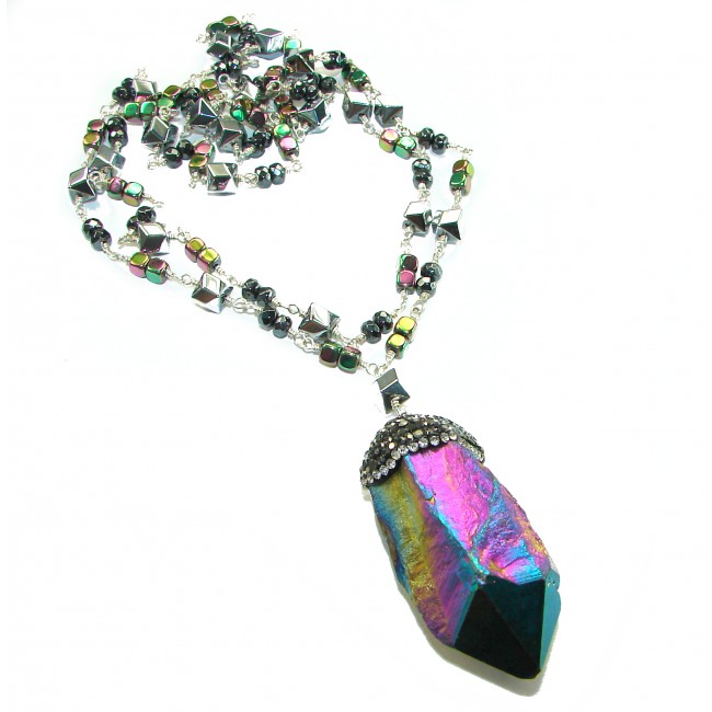 Bohemian Style Huge Genuine 34 inches Titanum Druzy .925 Sterling Silver handmade necklace - Bohemian necklace with large titanium druzy, top view.