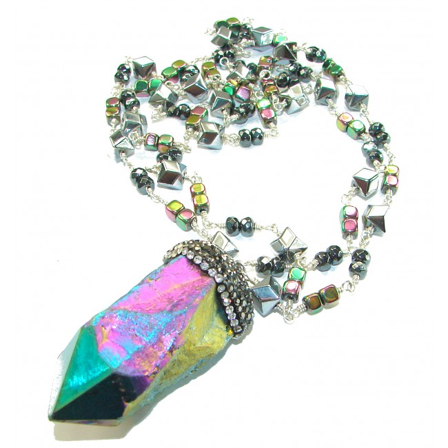 Bohemian Style Huge Genuine 34 inches Titanum Druzy .925 Sterling Silver handmade necklace - Iridescent druzy necklace with colorful beads, top view.