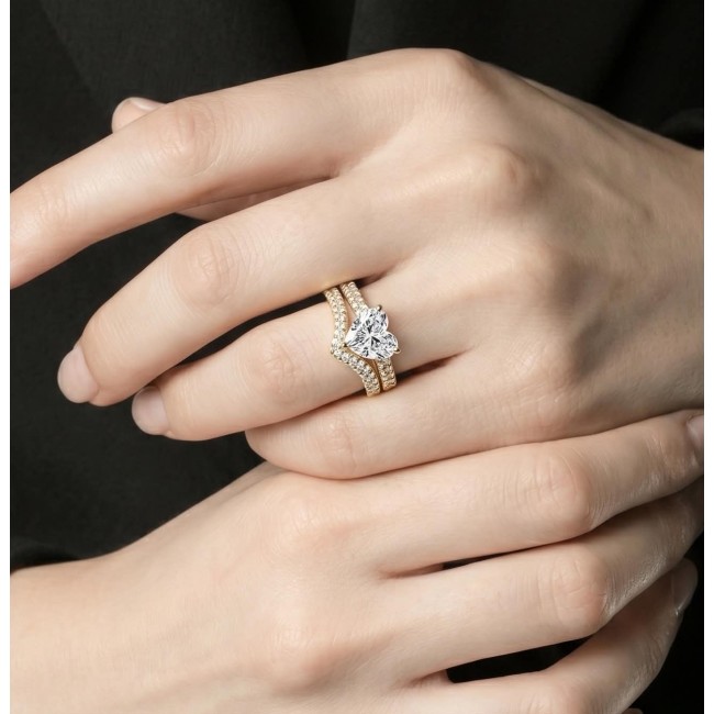 Sparkling pavé 4.5 carat Moissanite curve in a chic chevron shape Luxurios .925 Sterling silver Stackable Heart Ring size 7 - Moissanite chevron ring worn on hand, showing sparkling pavé details.