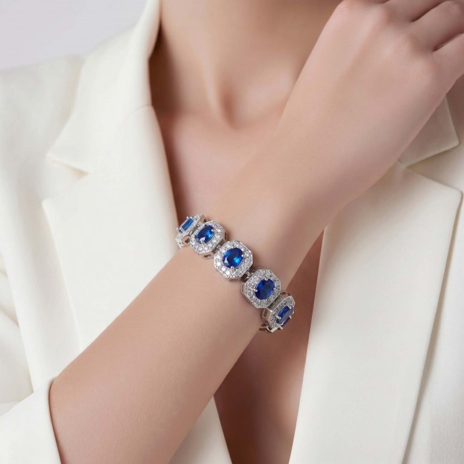 Beauty of Nature - natural 22.5 carat Sapphire .925 Sterling Silver handmade Statement Bracelet - Sapphire bracelet worn on wrist, showcasing stones and design.