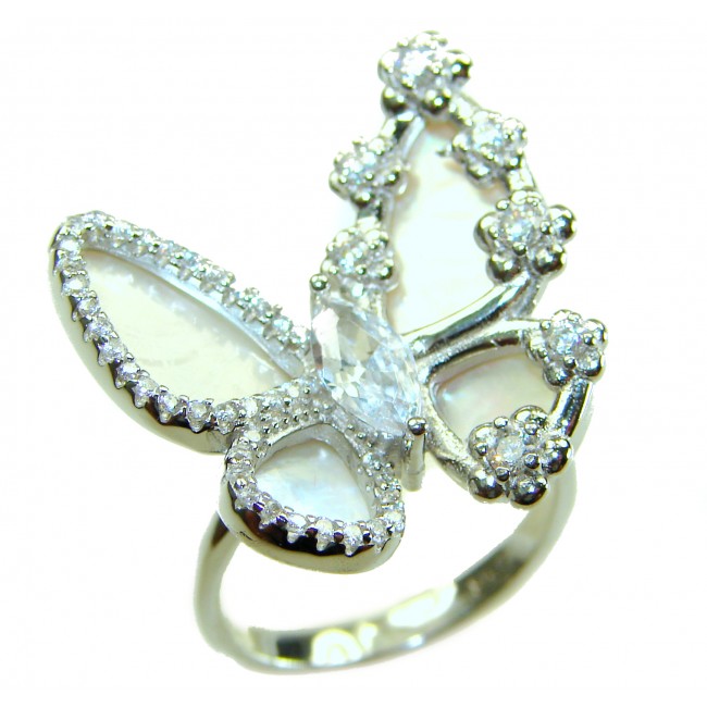 White Butterfly Blister Pearl .925 Sterling Silver brilliantly handcrafted ring s. 6 1/4 - Butterfly ring close-up showing details of pearl and silver setting.