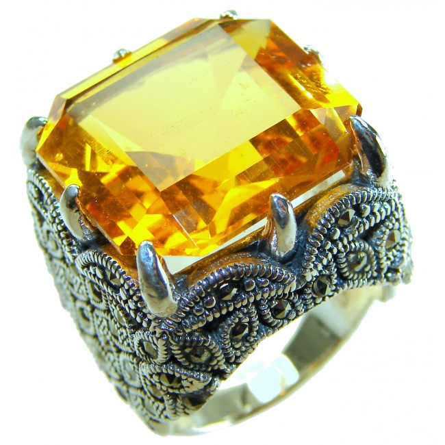 Solid 24.8 carat Genuine Golden Topaz .925 Sterling Silver handcrafted ring size 7 - Close-up of golden topaz sterling silver ring.