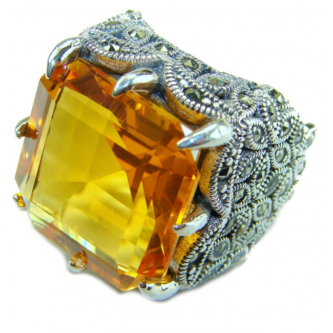 Solid 24.8 carat Genuine Golden Topaz .925 Sterling Silver handcrafted ring size 7 - Close-up of golden topaz ring with intricate sterling silver setting