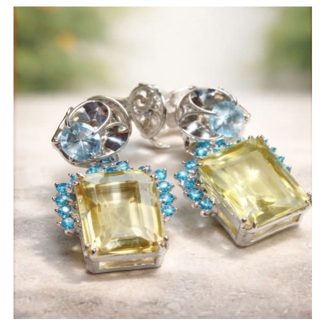 Giovanna - Authentic 12.9 carat Brazilian Citrine .925 Sterling Silver dipped in rhodium handcrafted earrings - Close-up of Giovanna Brazilian Citrine and silver earrings.
