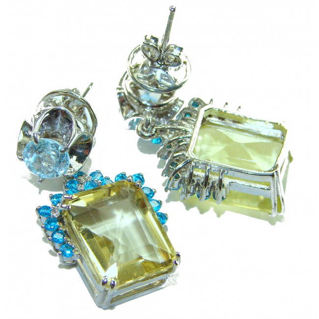 Giovanna - Authentic 12.9 carat Brazilian Citrine .925 Sterling Silver dipped in rhodium handcrafted earrings - Gemstone earrings with citrine and blue accents, post and setting detail.